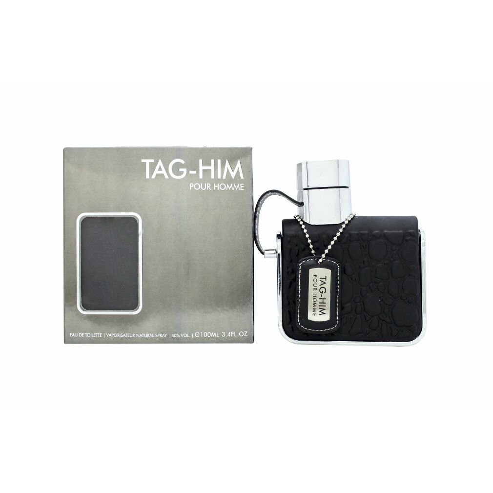 Schwarzer Flakon mit silberner Kappe und Anhänger. Verpackung mit Produktnamen. "TAG-HIM POUR HOMME" steht auf dem Etikett.