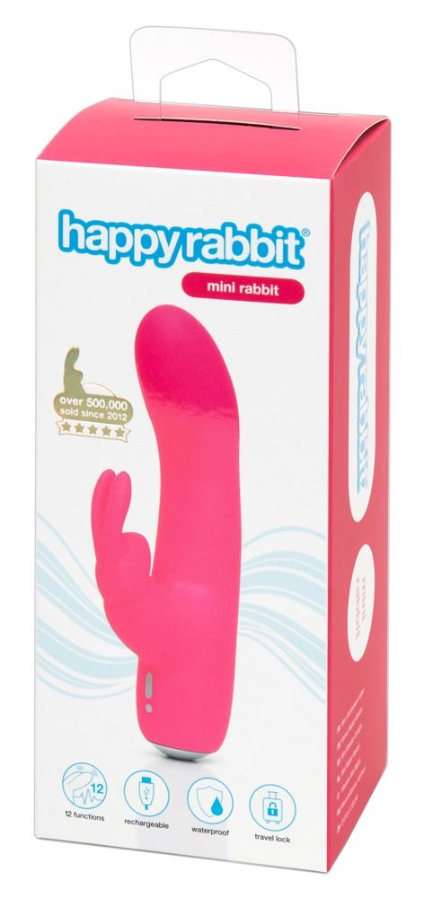 Verpackung von 'happyrabbit - Mini Rabbit'. Rosa Box mit Produktabbildung und Text. Enthält Informationen zu Funktionen.
