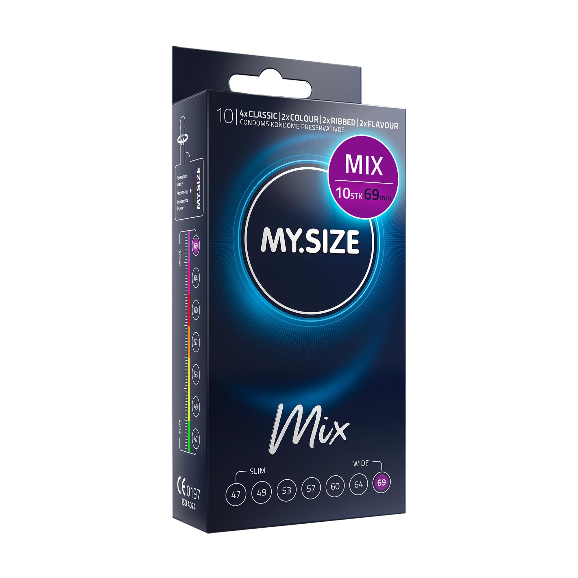 Vorderseite einer MY.SIZE 69mm Kondom-Packung, Sortiment 'Mix', 10 Stück.