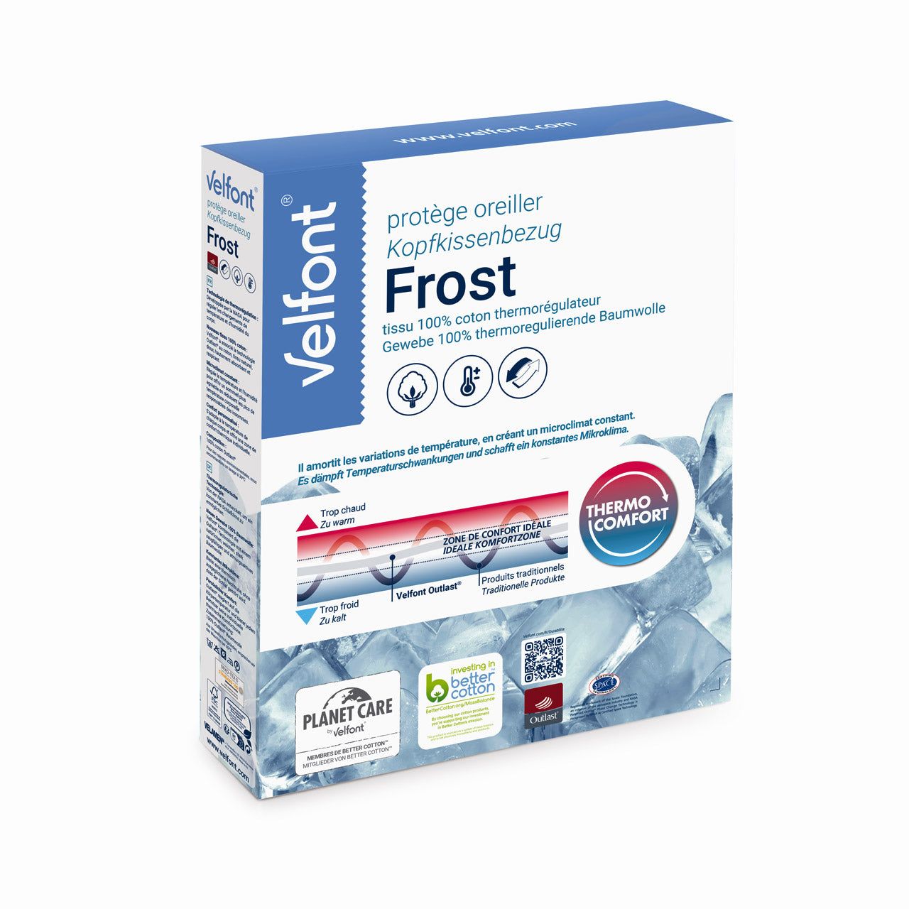 Velfont Frost Kopfkissenbezug aus 100% thermoregulierender Baumwolle. Thermo-Comfort-Technologie.