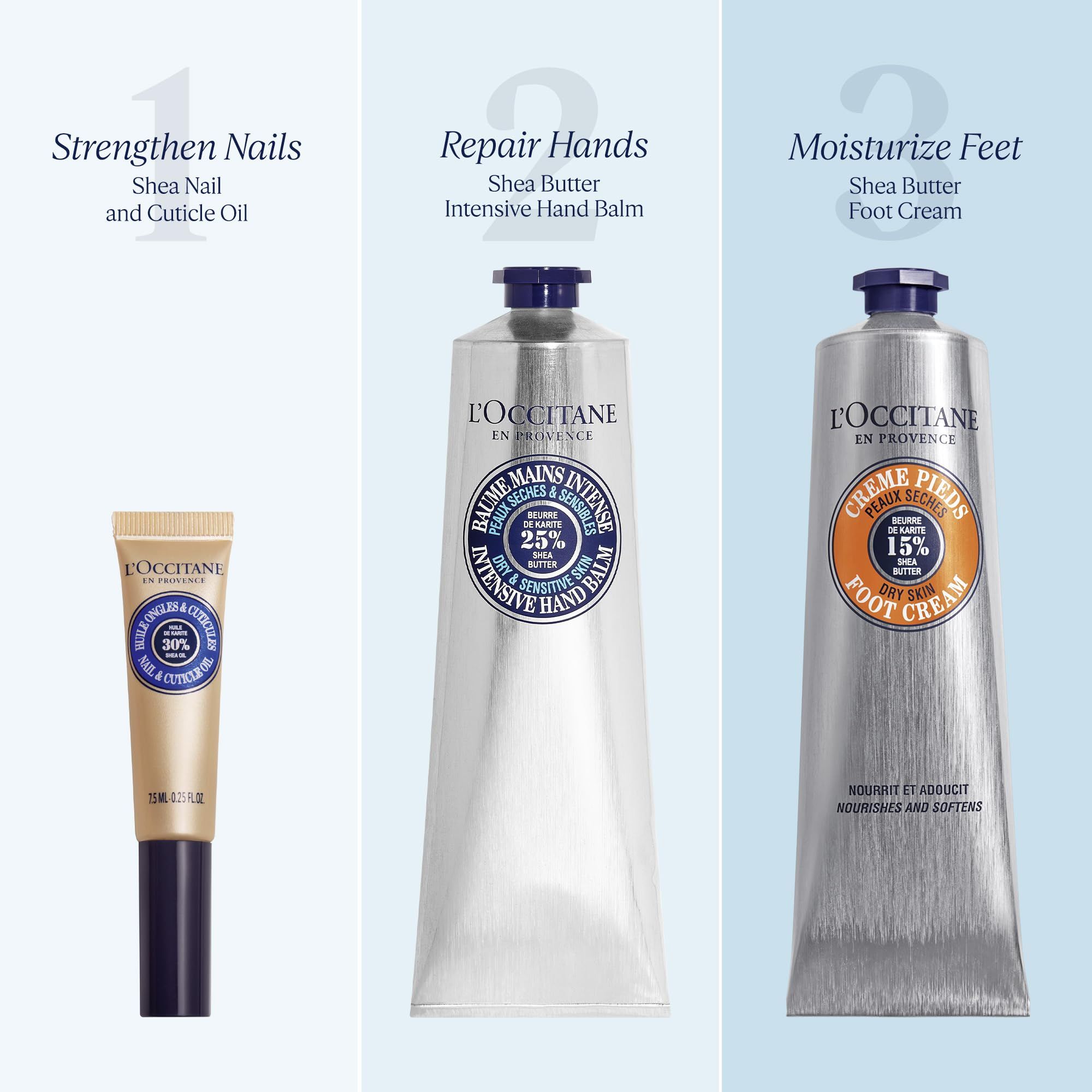 Drei L'Occitane Produkte: Nagelöl, Handbalsam und Fußcreme.