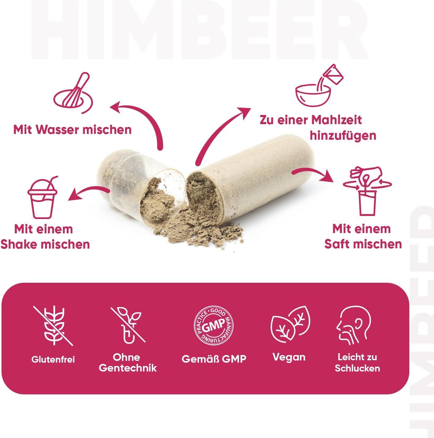 Kapsel geöffnet, Inhalt sichtbar. Pfeile zeigen auf: Mit Wasser, Shake, Saft und Mahlzeit mischen. Symbole: Glutenfrei, Gentechnikfrei, GMP, Vegan.