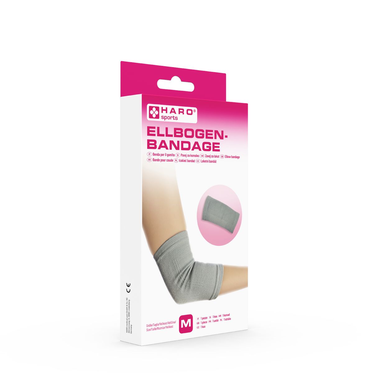 Haro Ellbogenbandage in verpakking. Grijze bandage, armmodel. Verpakking met productnaam, logo, maat M. CE-markering.