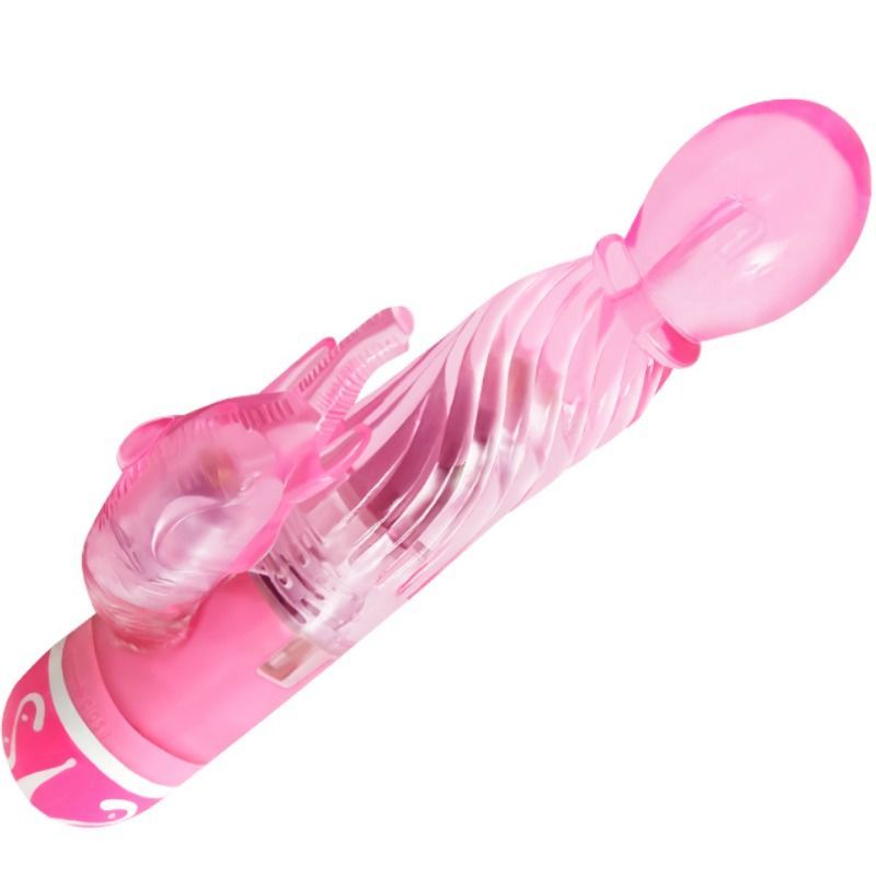 Rosa Vibrator mit transparenten Elementen. Mit spiralförmigem Schaft und Hasenohren-Aufsatz. Auf weißem Hintergrund.