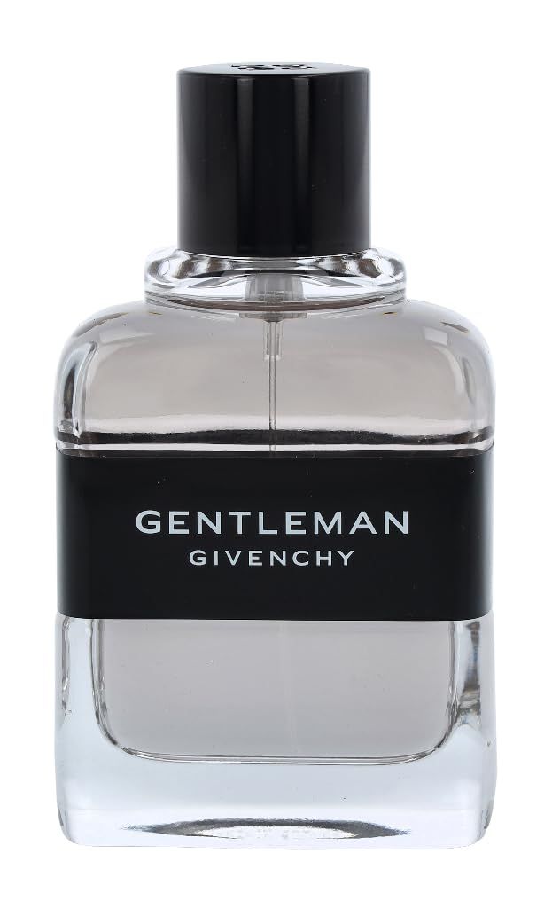 Givenchy Gentleman Eau de Toilette Flakon. Quadratische Form, schwarzer Verschluss, schwarzes Band mit Schriftzug.