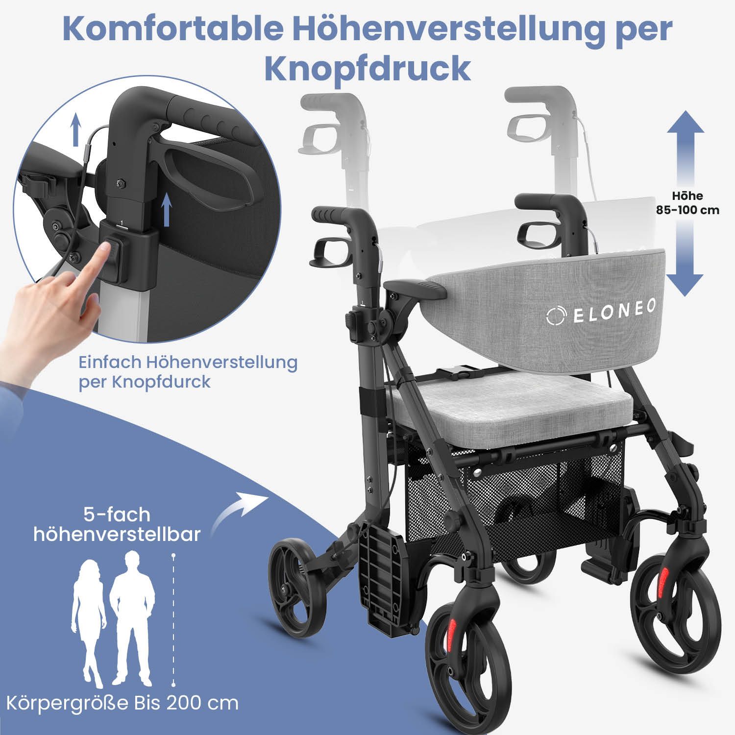 ELONEO 2in1 Rollstuhl Rollator Schwarz