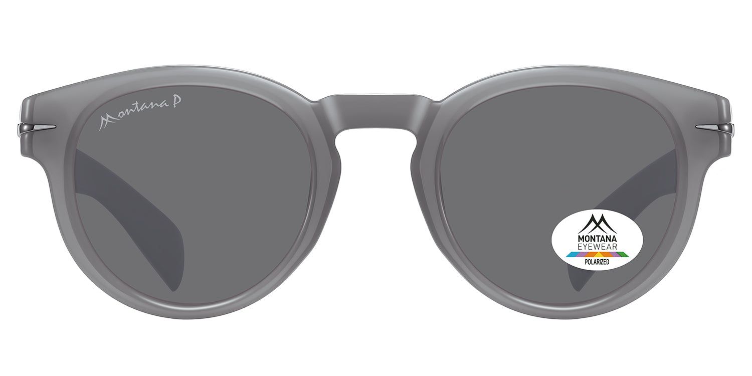 Graue Sonnenbrille mit runden Gläsern. Montana Eyewear Logo und Polarisations-Aufkleber. Bügel mit Logo. Frontansicht.