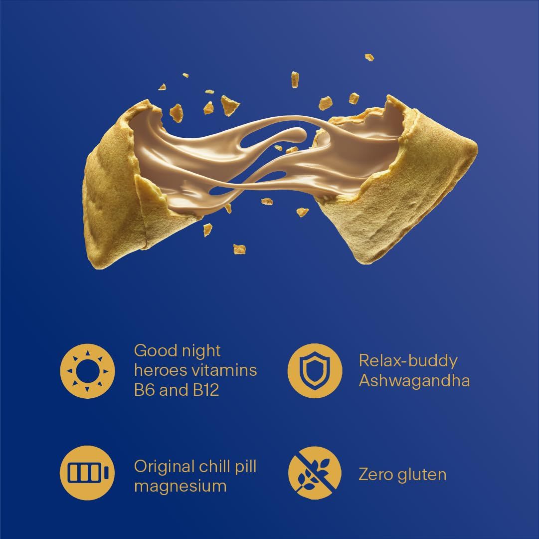 Nahaufnahme eines Snacks mit Füllung. Aufschrift: good night heroes, Relax-Buddy, Original Chill Pill, Zero Gluten. Vegan.