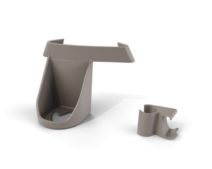Zwei beige Stockhalter-Komponenten. Ein größerer Halter mit einer Aussparung und ein kleinerer Halter mit Haken.