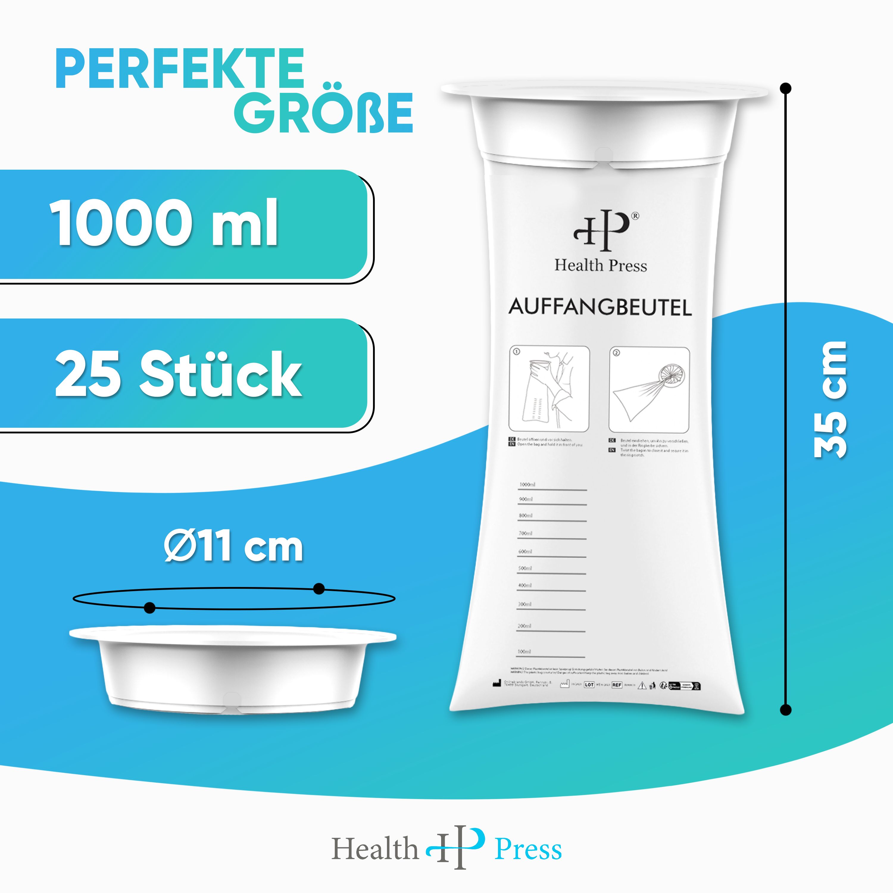 Health Press Auffangbeutel: 1000 ml Kapazität, 35 cm Höhe, 11 cm Schalendurchmesser, 25 Stück.