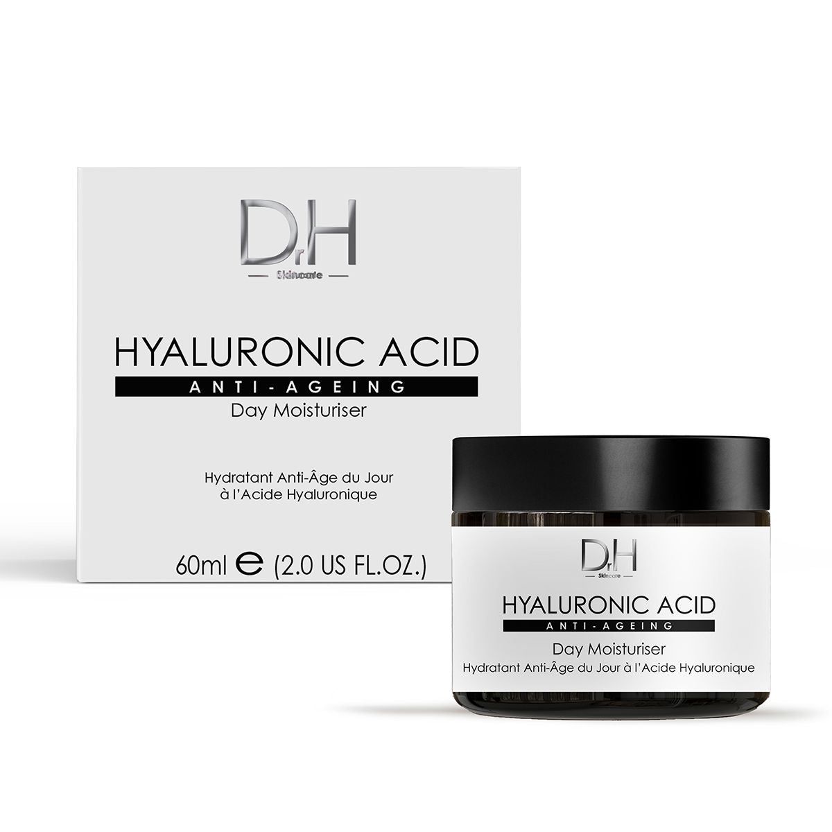 Tagesfeuchtigkeitscreme und Verpackung. Creme im Tiegel, Verpackung mit Text: Hyaluronsäure, Anti-Aging, Day Moisturiser.