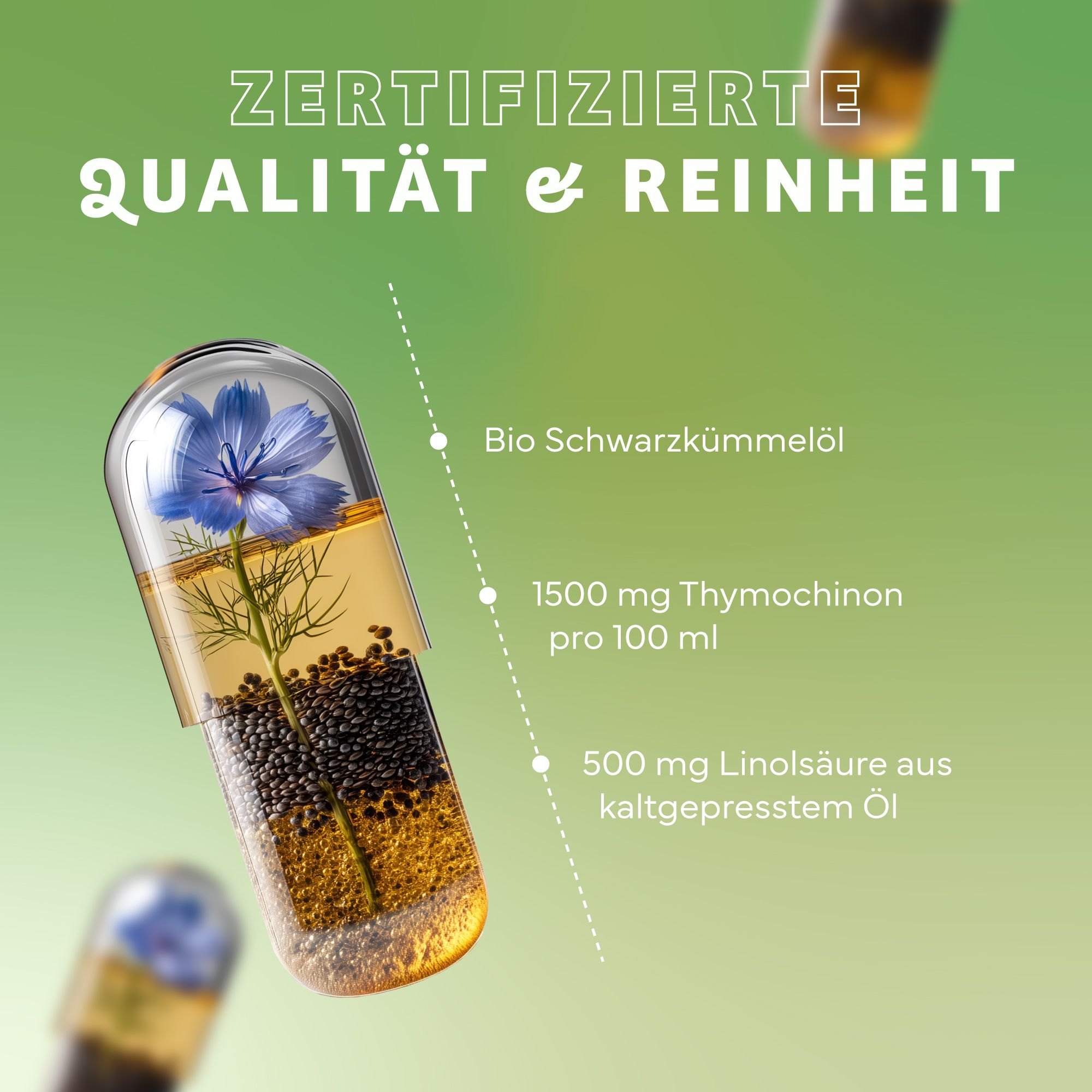 Kapsel mit Inhalt: Schwarzkümmelöl, Thymochinon und Linolsäure. Text: ZERTIFIZIERTE QUALITÄT & REINHEIT. Blüte und Samen sichtbar.