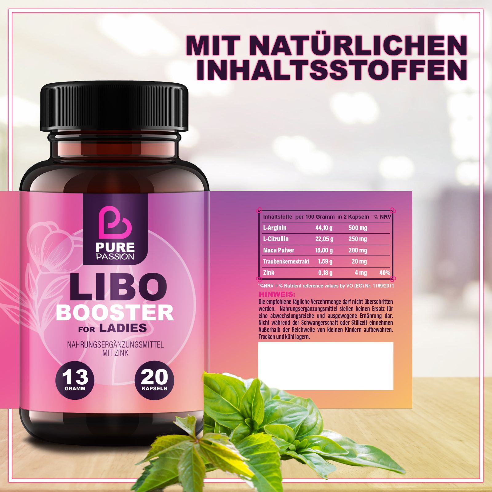 Flasche mit Kapseln. Aufschrift: Libo Booster for Ladies, 13 Gramm, 20 Kapseln. Mit Zink. Mit natürlichen Inhaltsstoffen.