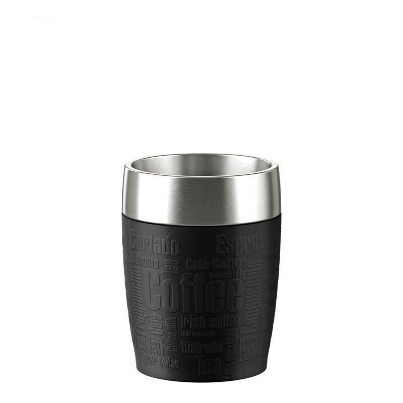 Schwarzer Isolierbecher mit silbernem Rand. Texturierte Oberfläche mit "Coffee" Schriftzug. Edelstahl-Innenraum.