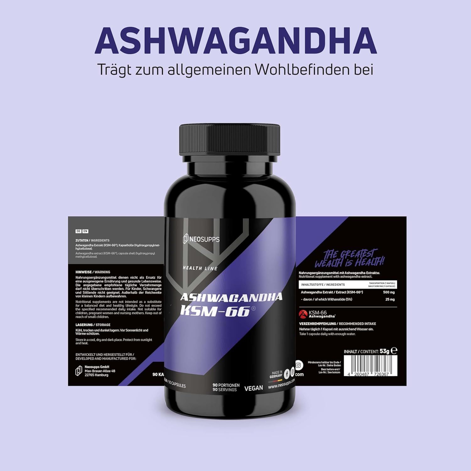 Schwarze Flasche "ASHWAGANDHA KSM-66" mit Produktinformationen. Marke: Neosupps. Vegan-Siegel.