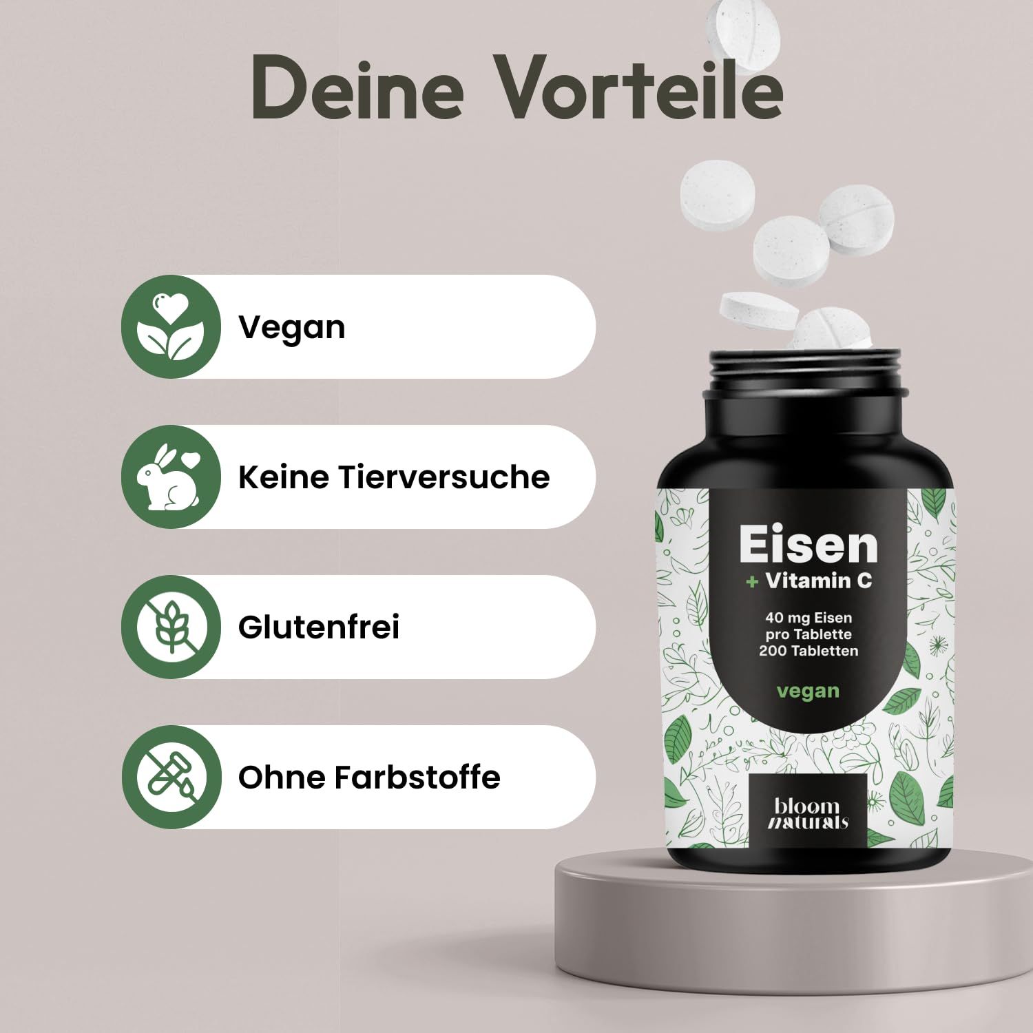 Flasche mit Tabletten. Text: Vegan, Keine Tierversuche, Glutenfrei, Ohne Farbstoffe. Aufschrift: Eisen + Vitamin C.