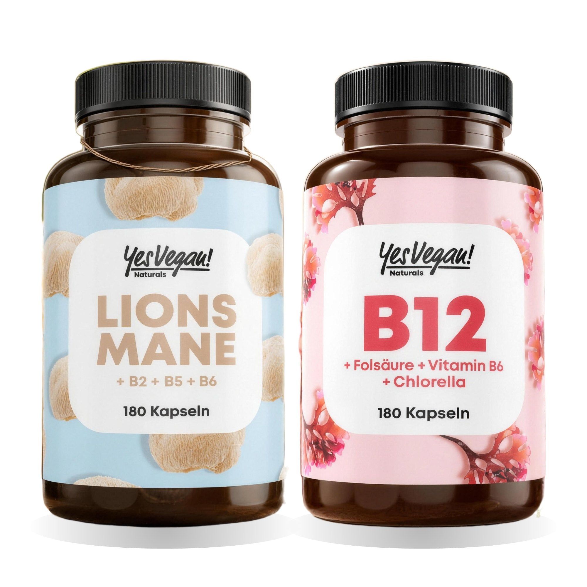 Zwei Flaschen Nahrungsergänzungsmittel: Lions Mane und B12.