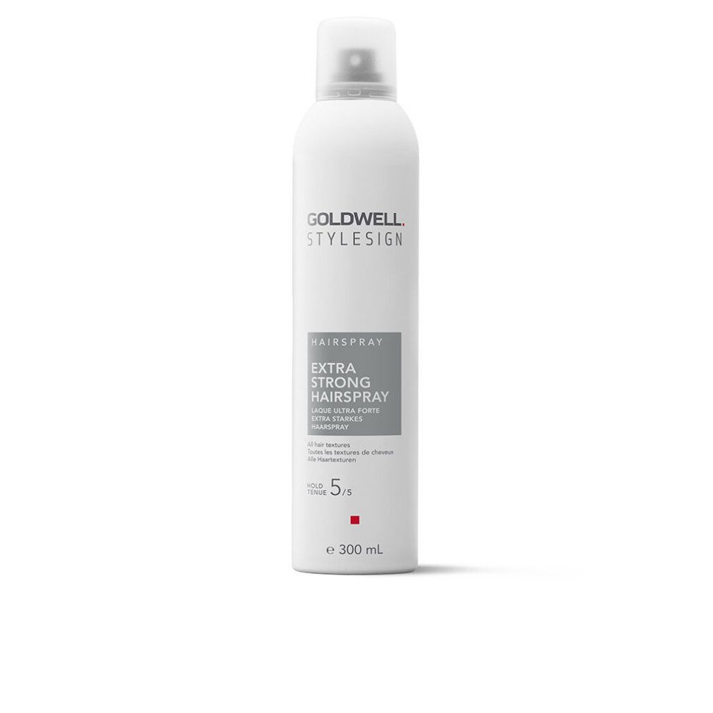 Goldwell Stylesign Haarspray. Weiße Sprühflasche mit grauem Etikett. Text: Extra Starkes Haarspray. 5/5. 300 ml.