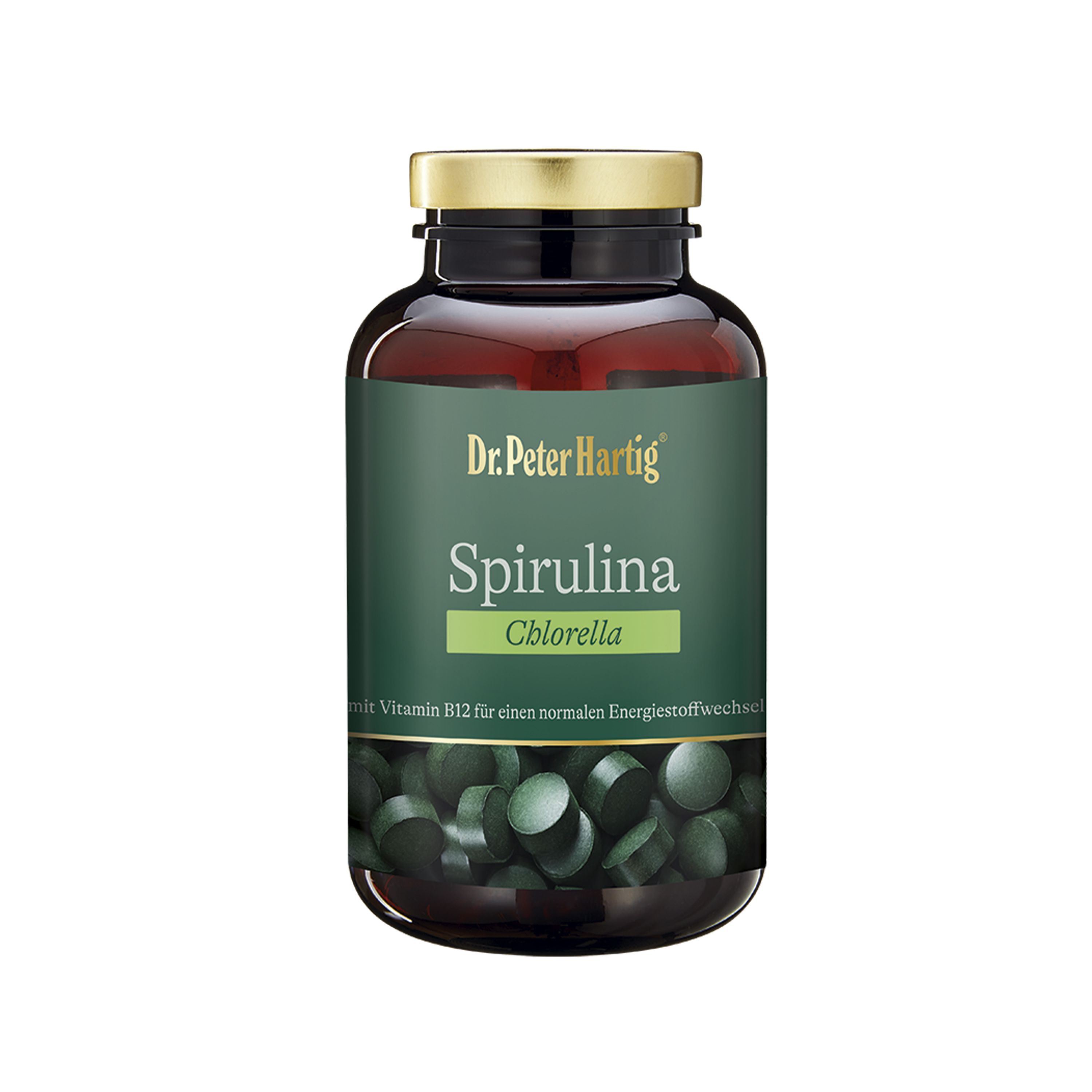 Braune Glasflasche mit goldfarbenem Deckel. Etikett mit "Dr. Peter Hartig Spirulina Chlorella". Grüne Tabletten im Glas.