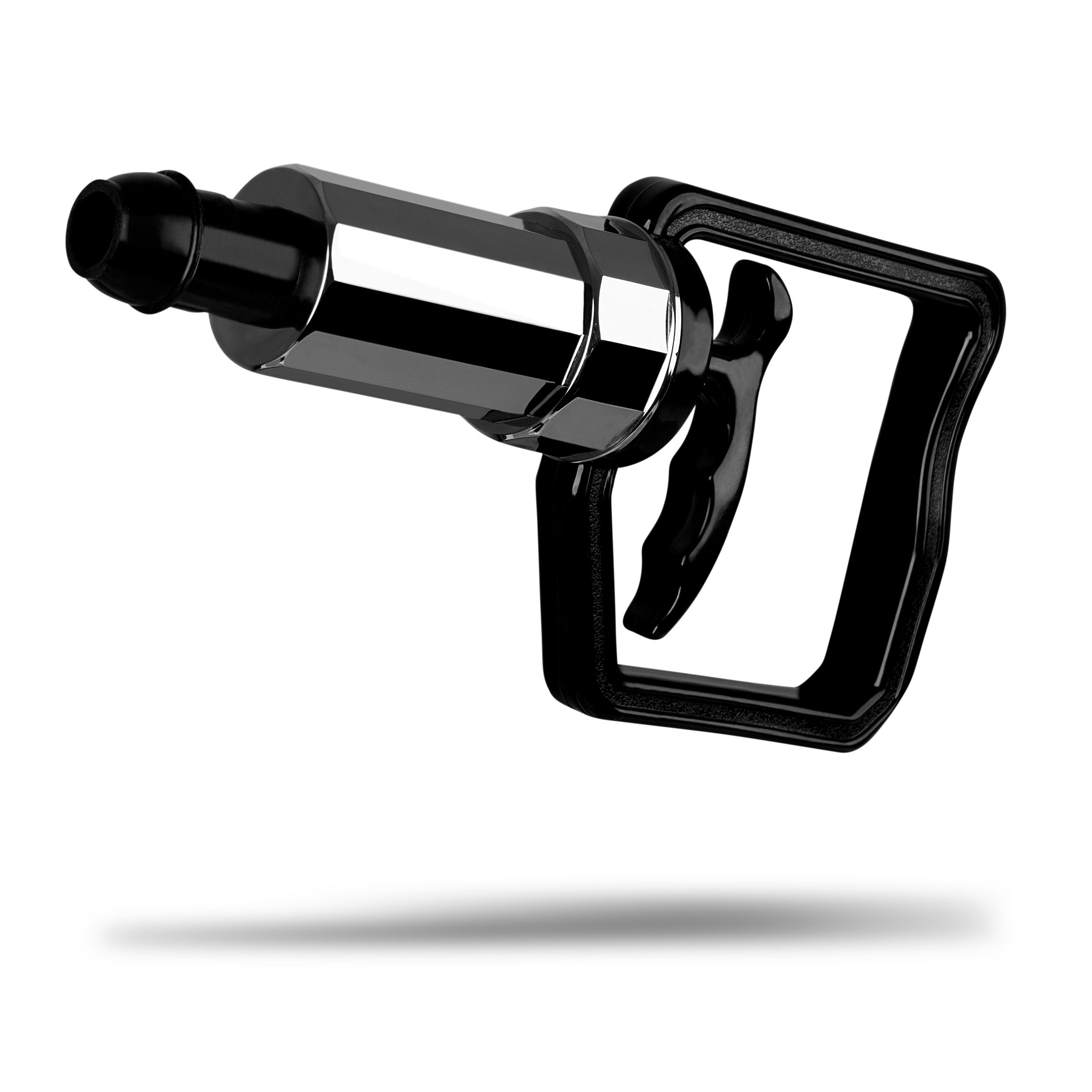 Vakuumpumpe, isoliert. Schwarzer Griff, silberner Zylinder, schwarze Spitze. Ergonomisches Design.