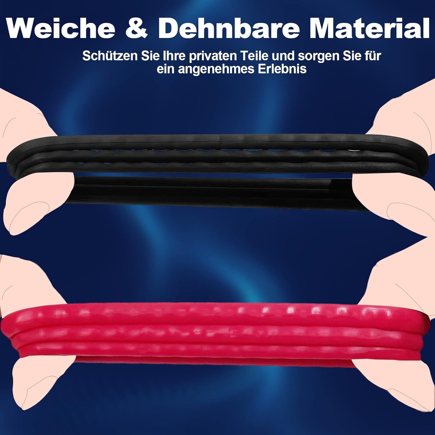 Zwei dehnbare Ringe, einer schwarz, einer rot, werden von Händen gehalten.