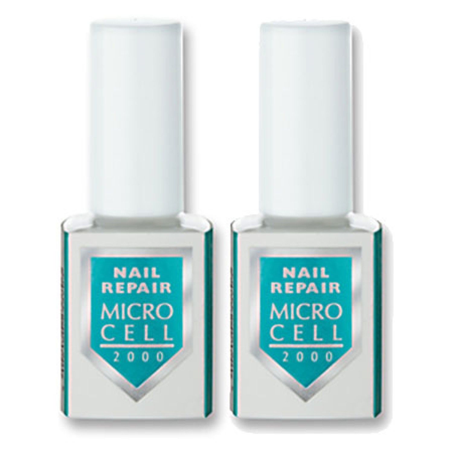 Zwei Flaschen mit weißem Deckel und türkisfarbenem Etikett. Auf dem Etikett steht "NAIL REPAIR MICRO CELL 2000".