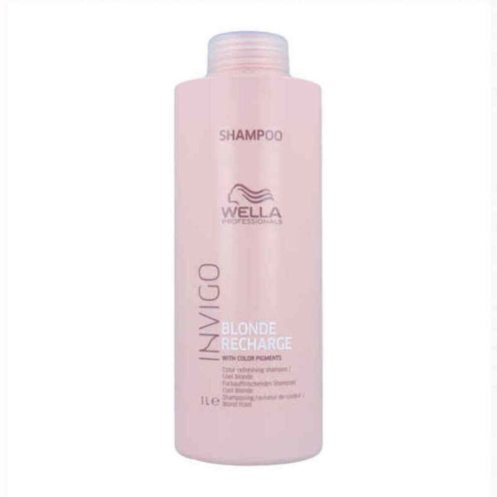 Rosa Shampoo-Flasche mit INVIGO, BLONDE RECHARGE, Wella Professionals. Text: Color refreshing shampoo. 1l.