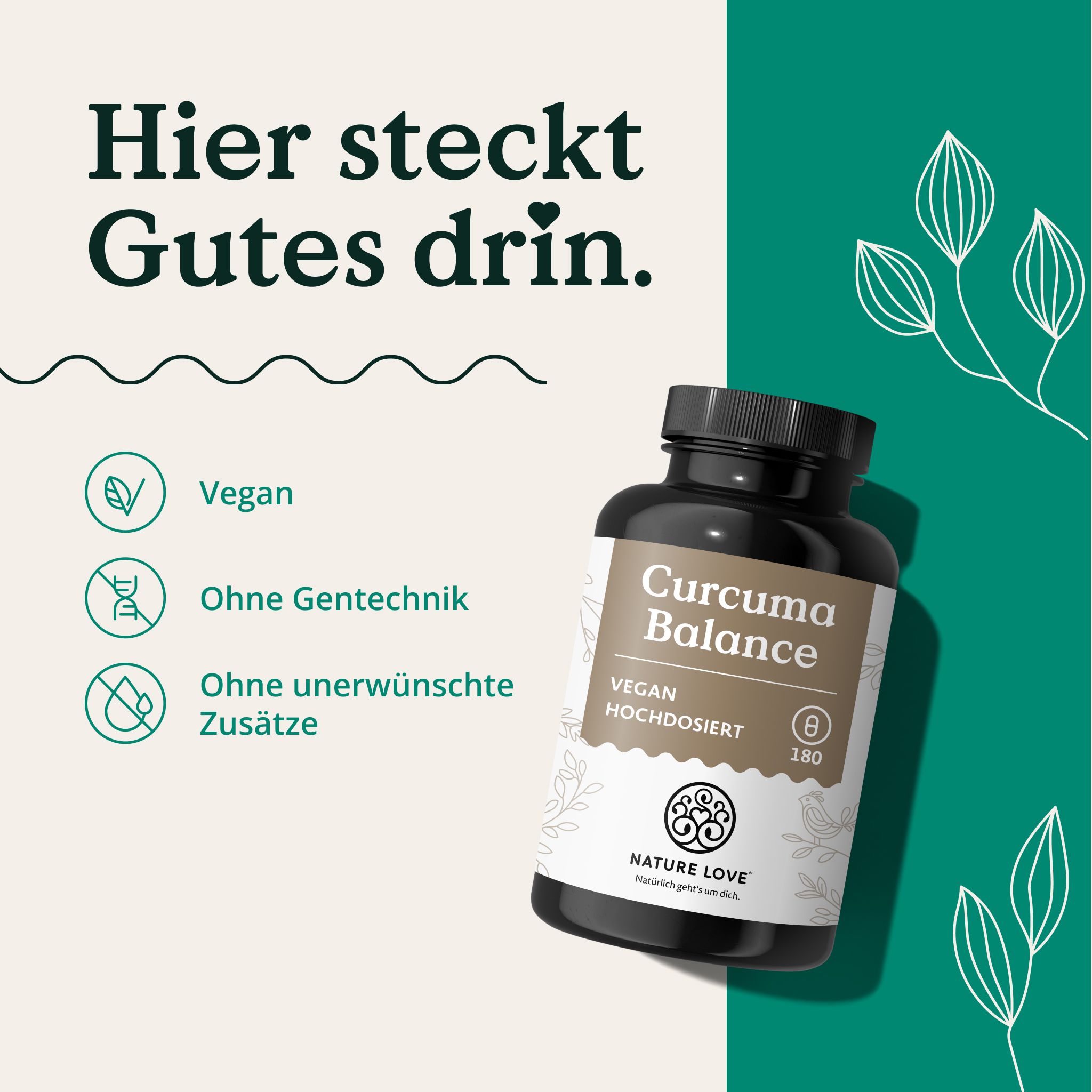 Flasche Curcuma Balance, vegan, hochdosiert. Siegel: Vegan, Ohne Gentechnik, Ohne unerwünschte Zusätze.
