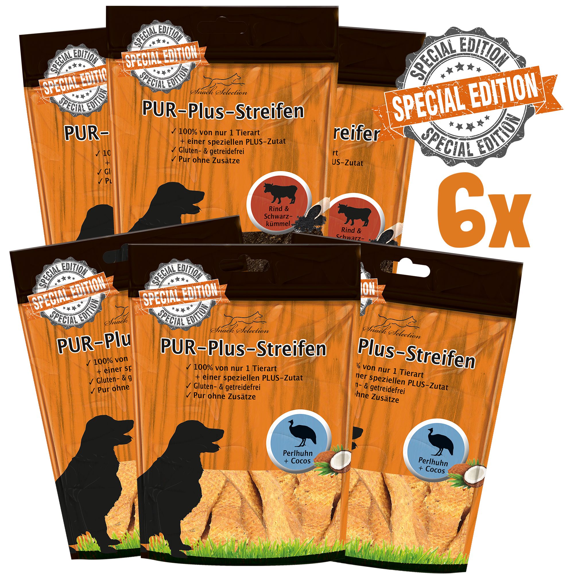 6 Packungen Schecker Hundesnack PUR-Plus-Streifen. Aufdrucke: Special Edition, 100% von nur 1 Tierart, glutenfrei, ohne Zusätze. Rind & Schwarz, Perlhuhn & Cocos.