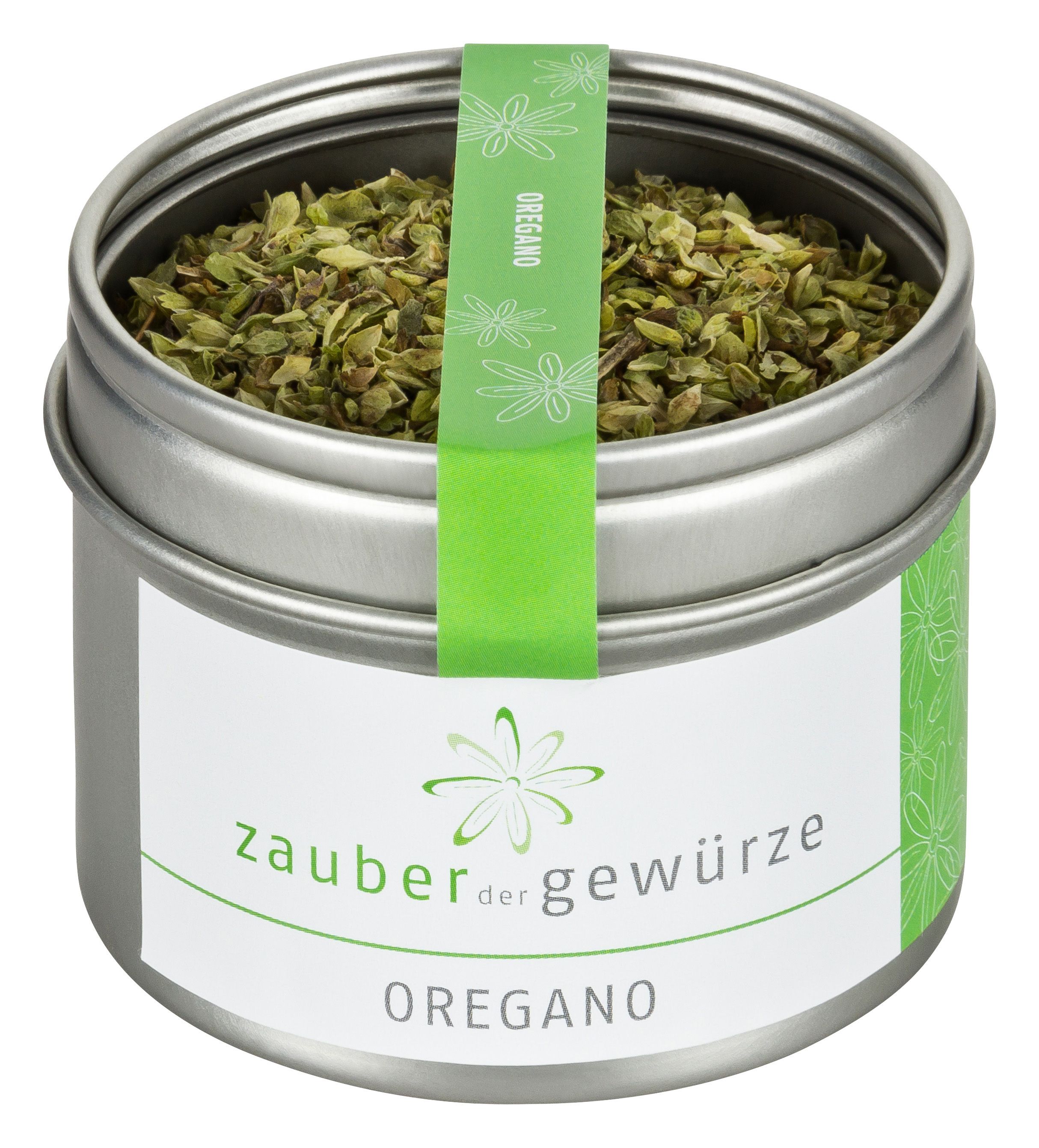Metallbehälter mit Oregano-Gewürz. Aufkleber mit "Zauber der Gewürze" und "Oregano". Grünes Band mit "Oregano".