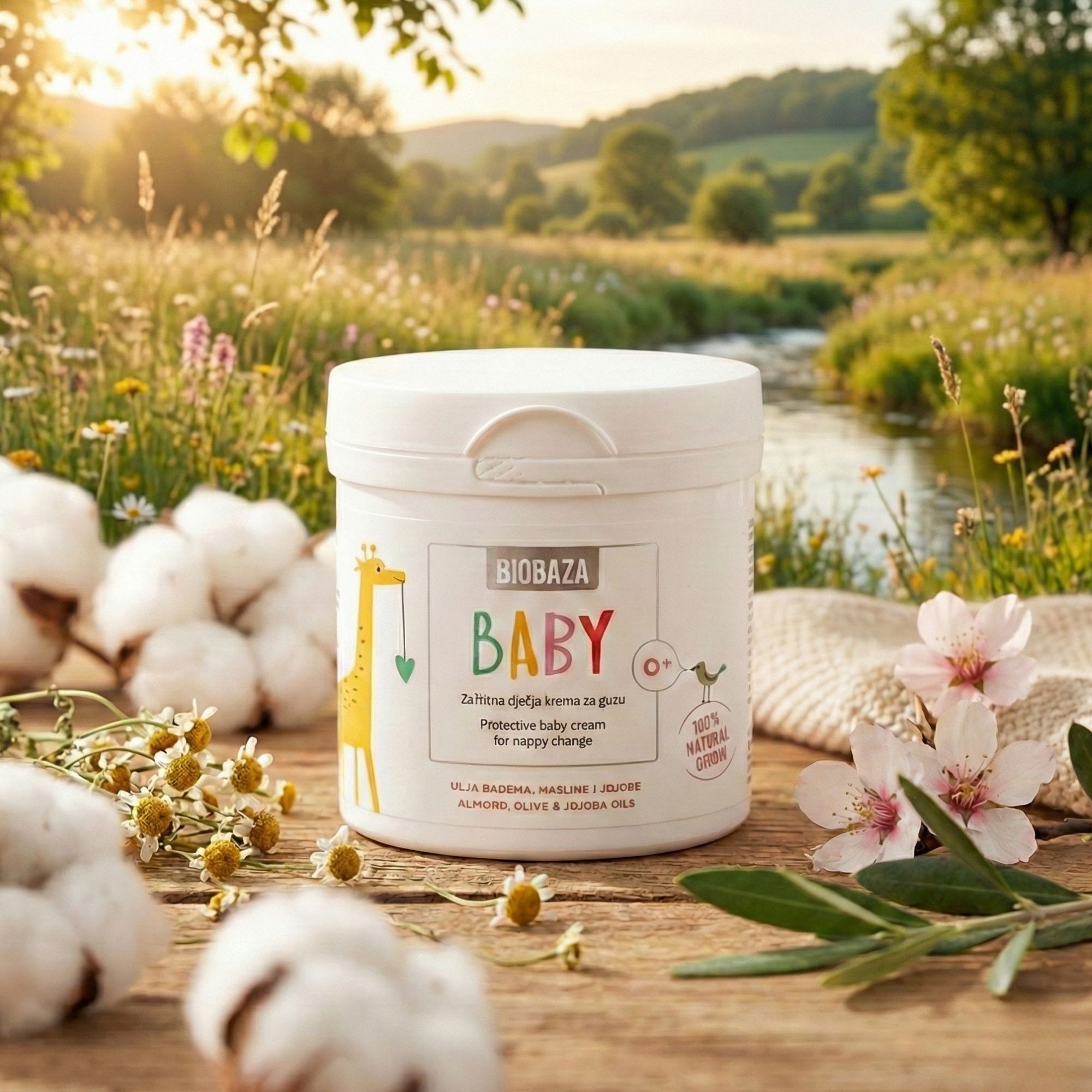 Weißer Tiegel mit Deckel. Aufschrift BIOBAZA BABY, Giraffe, 0+. Text: Protective baby cream for nappy change. 100% Natural Origin.