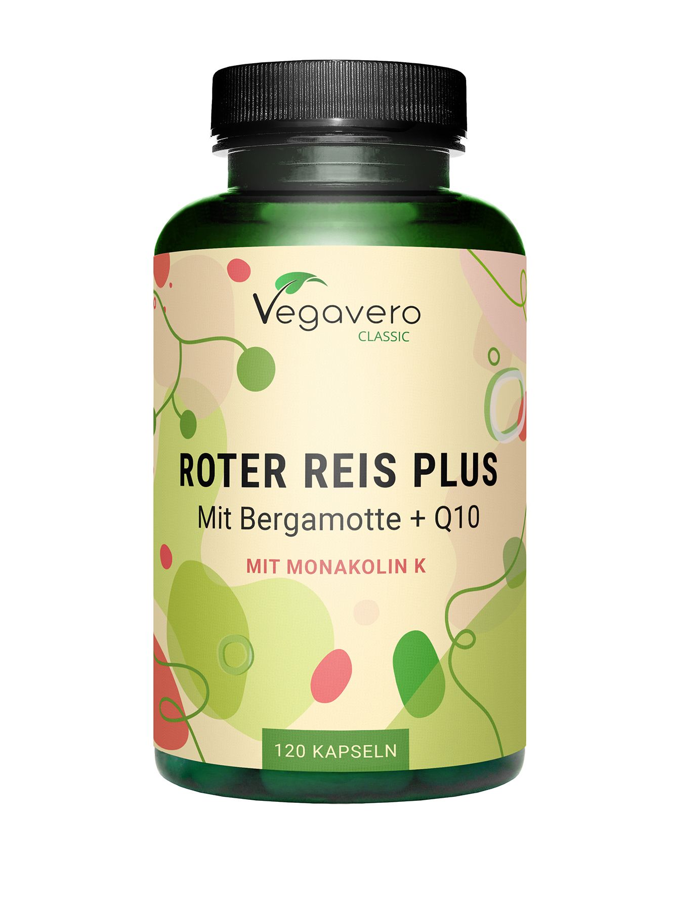 Grüne Flasche mit Kapseln. Aufschrift: Roter Reis Plus, Mit Bergamotte + Q10, 120 Kapseln. Marke: Vegavero.