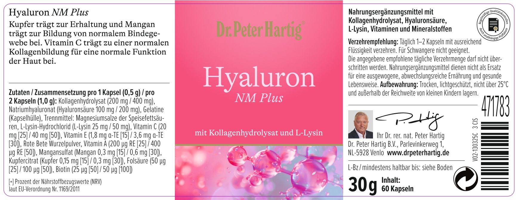 Hände halten eine braune Tablettenflasche. Aufschrift: Hyaluron NM Plus. Pinkes Kleidungsstück im Hintergrund.