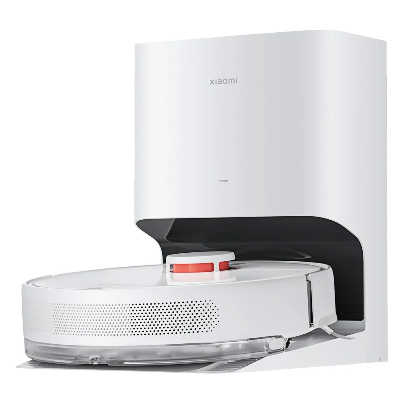 Weißer Roboterstaubsauger mit Ladestation. Der Staubsauger ist rund mit roter Mitte. Das Xiaomi-Logo ist sichtbar.