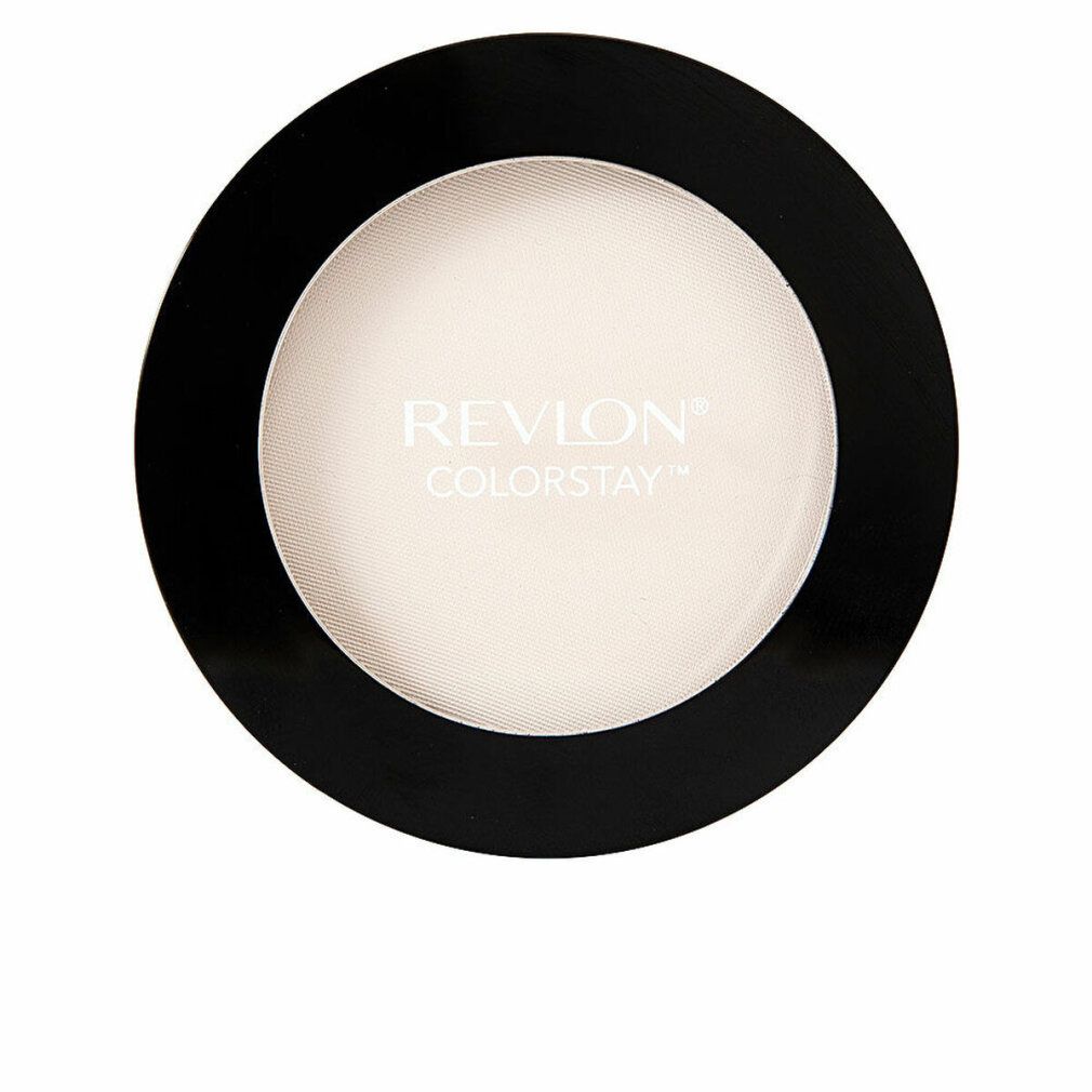 Runder, schwarzer Kompaktpuder mit weißem Puder. Auf dem Puder steht REVLON COLORSTAY. Der Puder ist in einer schwarzen Hülle.