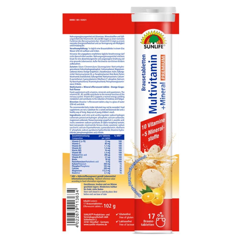 Rückseite der Brausetabletten-Verpackung mit Inhaltsangaben und SUNLIFE-Logo.