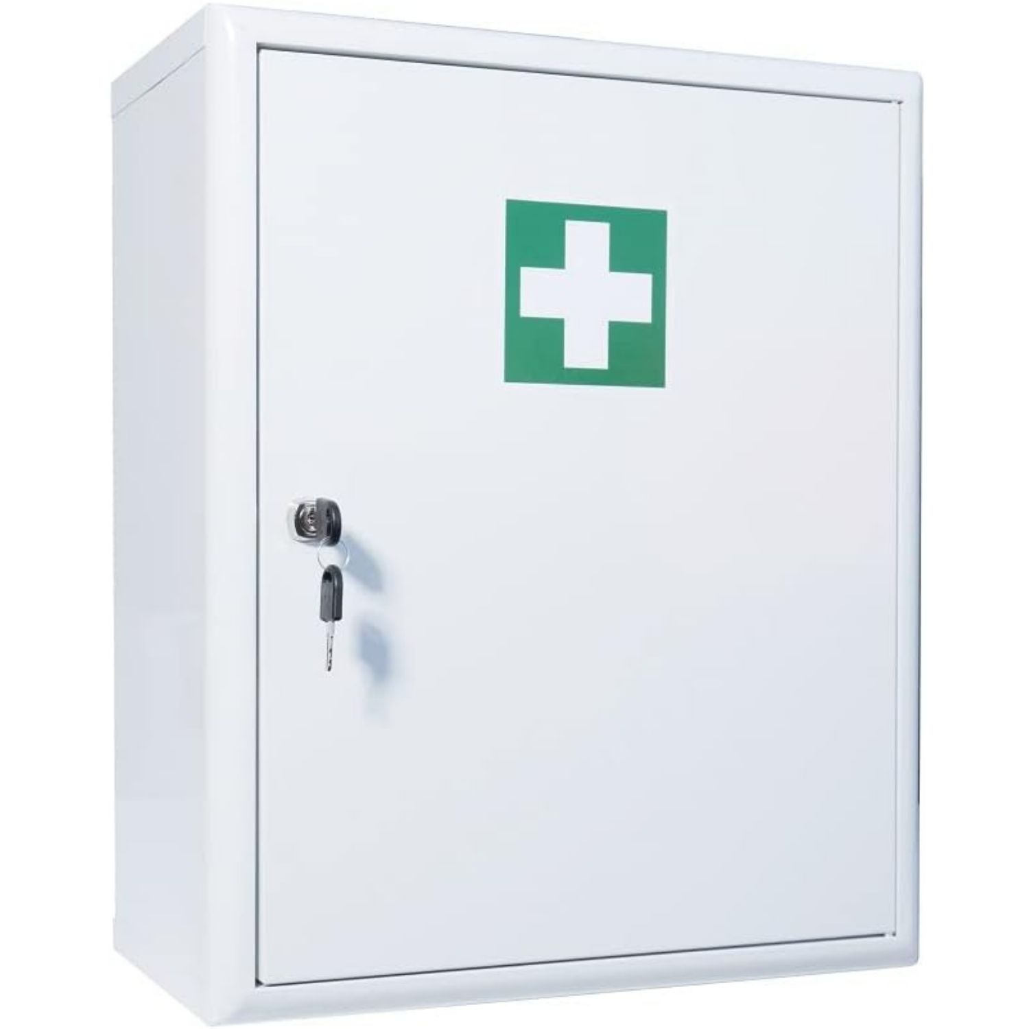 Weißer Verbandschrank mit grünem Kreuz. Tür mit Schloss und Schlüssel.