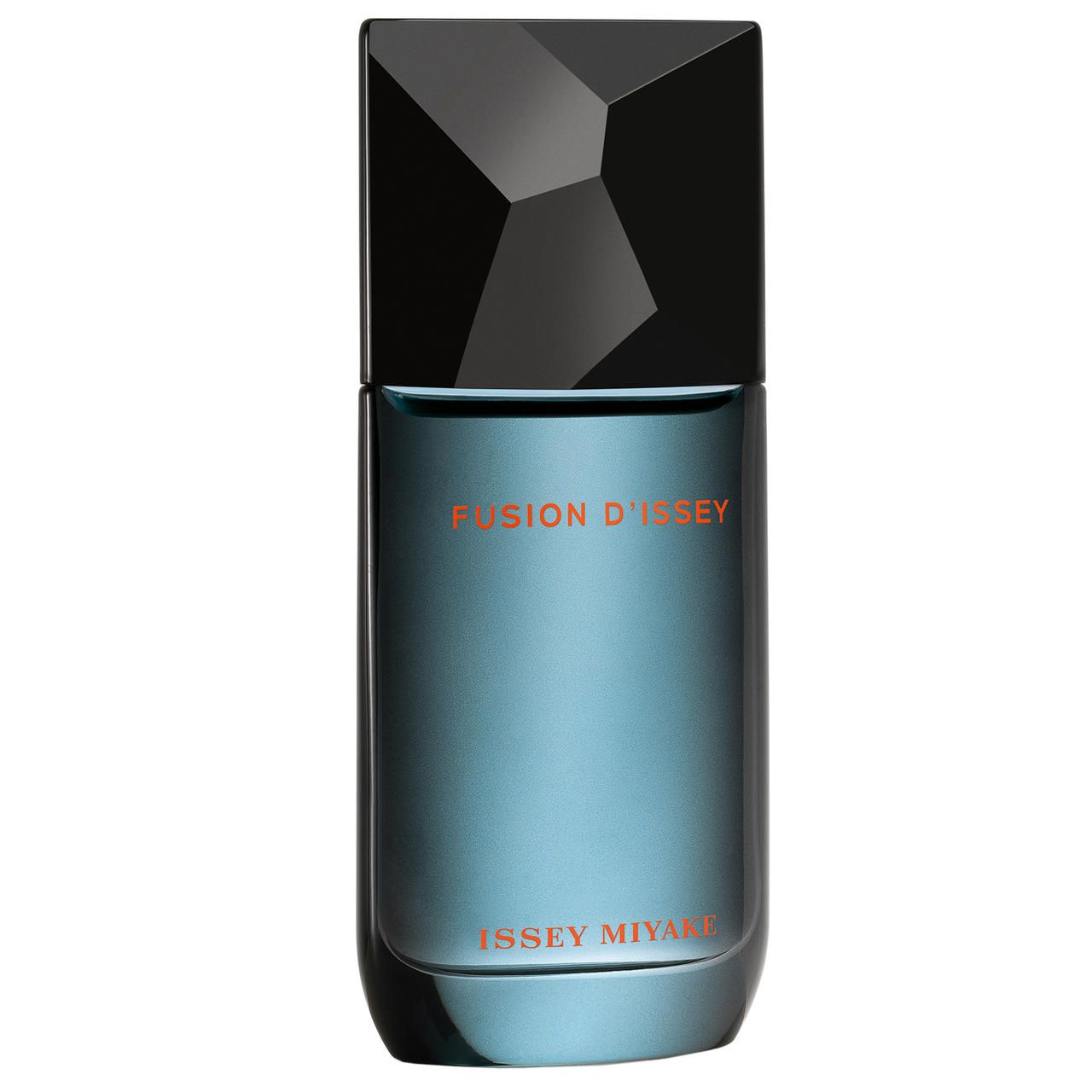 Blau-transparenter Flakon mit schwarzem Deckel. Schriftzug "FUSION D'ISSEY" und "ISSEY MIYAKE" in Orange. Rechteckige Form.