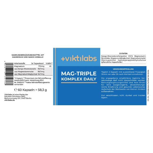 Etikett mit Produktinformationen: Mag-Triple Komplex Daily. Inhaltsstoffe, Verzehrempfehlung, Nährwertangaben. 60 Kapseln = 58,3 g.