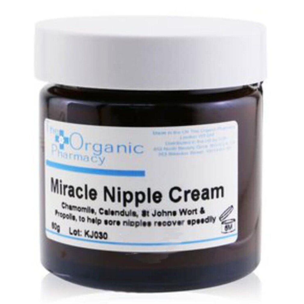 Braunglas-Tiegel mit weißem Deckel. Etikett mit Produktname und Logo. Aufschrift: Miracle Nipple Cream, 80g.