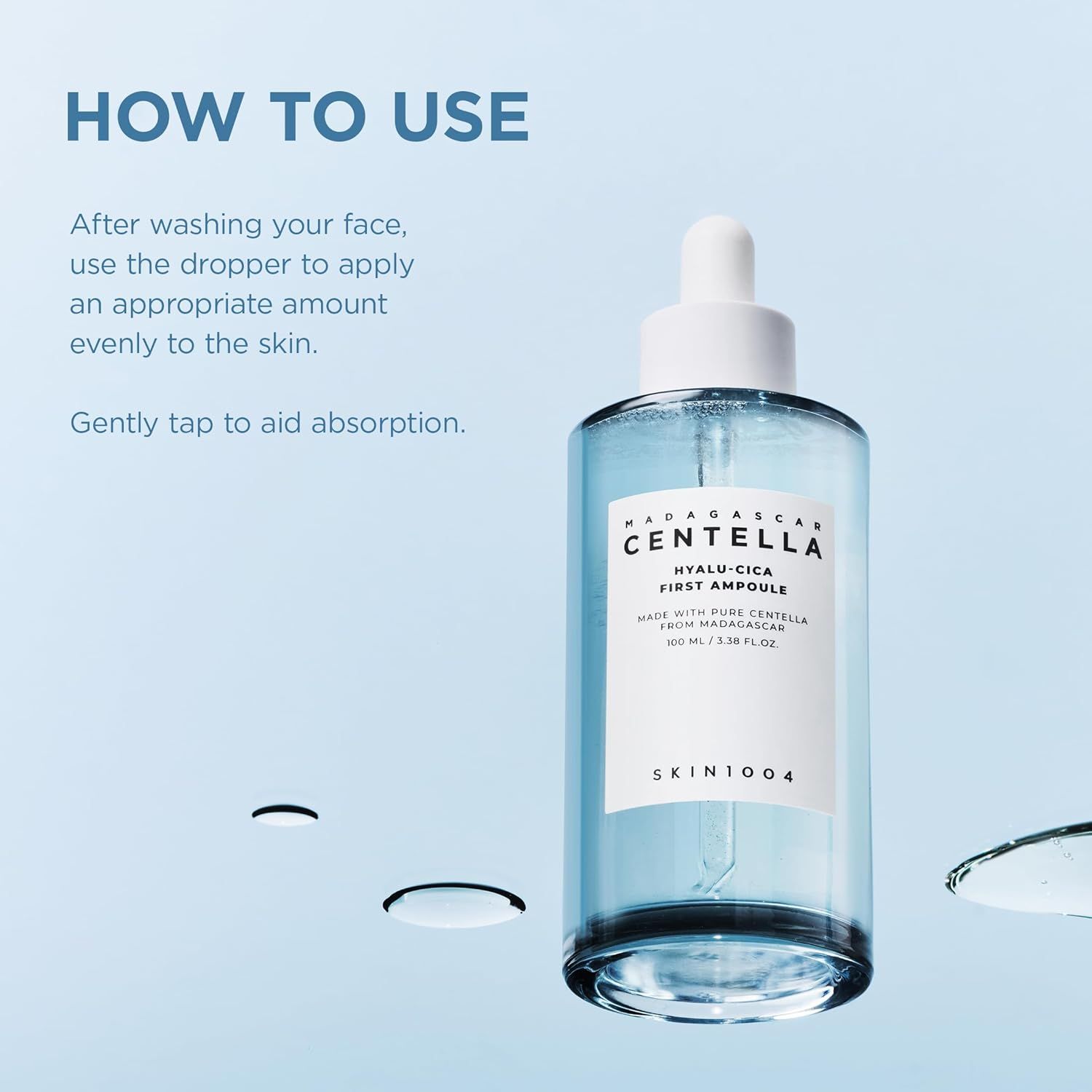 Anwendungshinweise für SKIN1004 Hyalu-Cica First Ampoule. Flasche mit Tropfer.