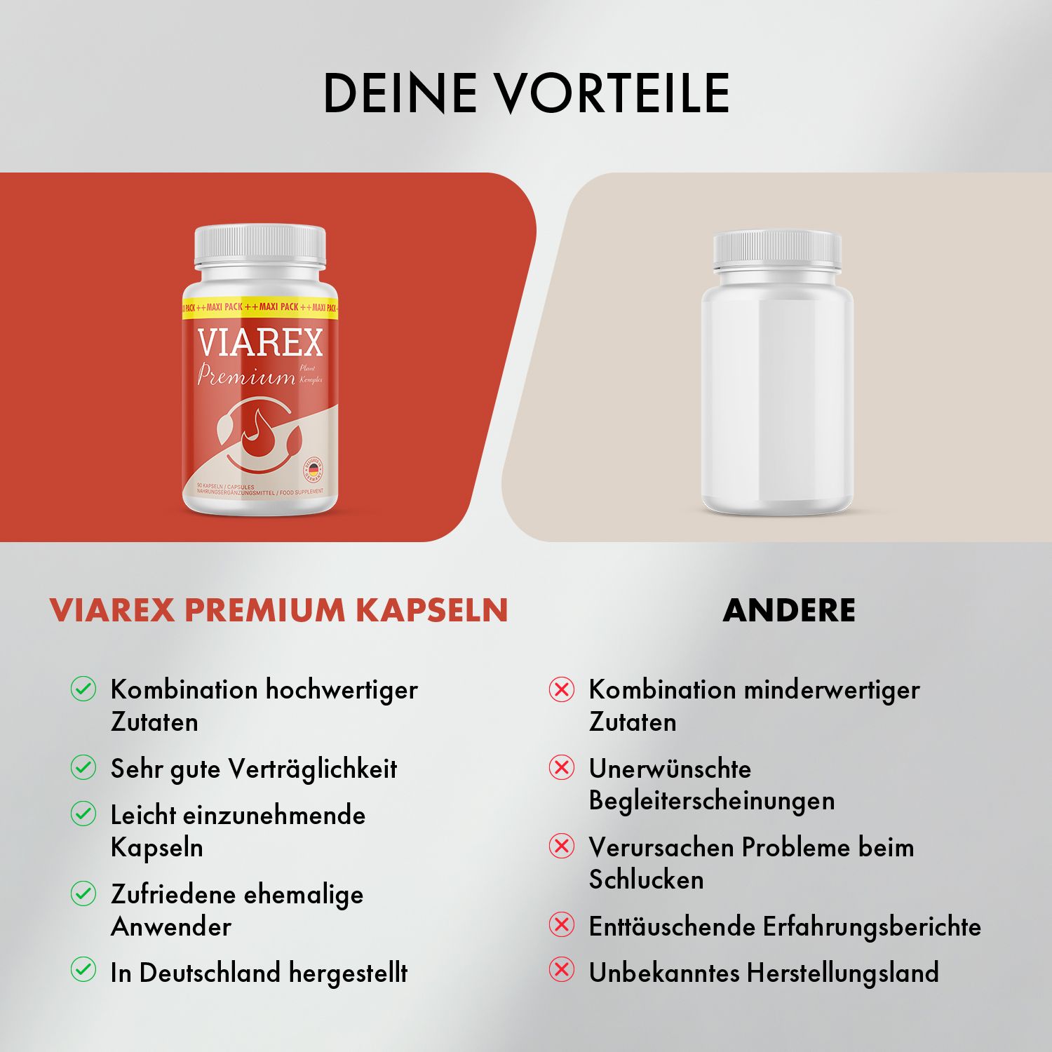 Vergleich von Viarex Premium Kapseln und anderen. Links: Flasche Viarex Premium. Rechts: Leere Flasche. Text: Vorteile und Nachteile.