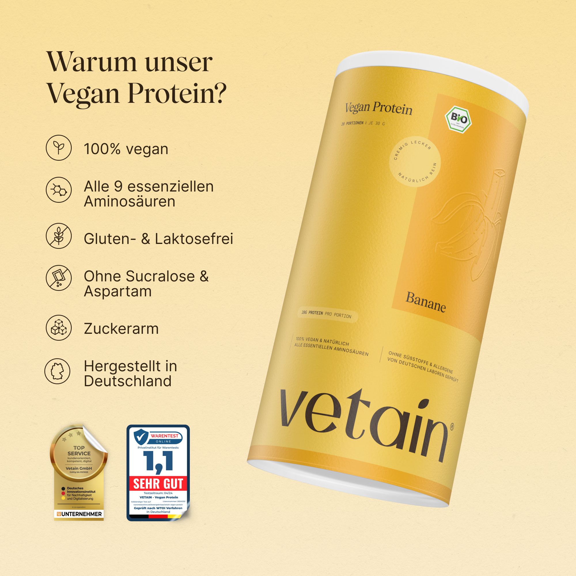 Gelbe Dose 'Vegan Protein Banane'. Bio-Siegel. Text: 100% vegan, alle 9 essentiellen Aminosäuren, glutenfrei, zuckerarm.
