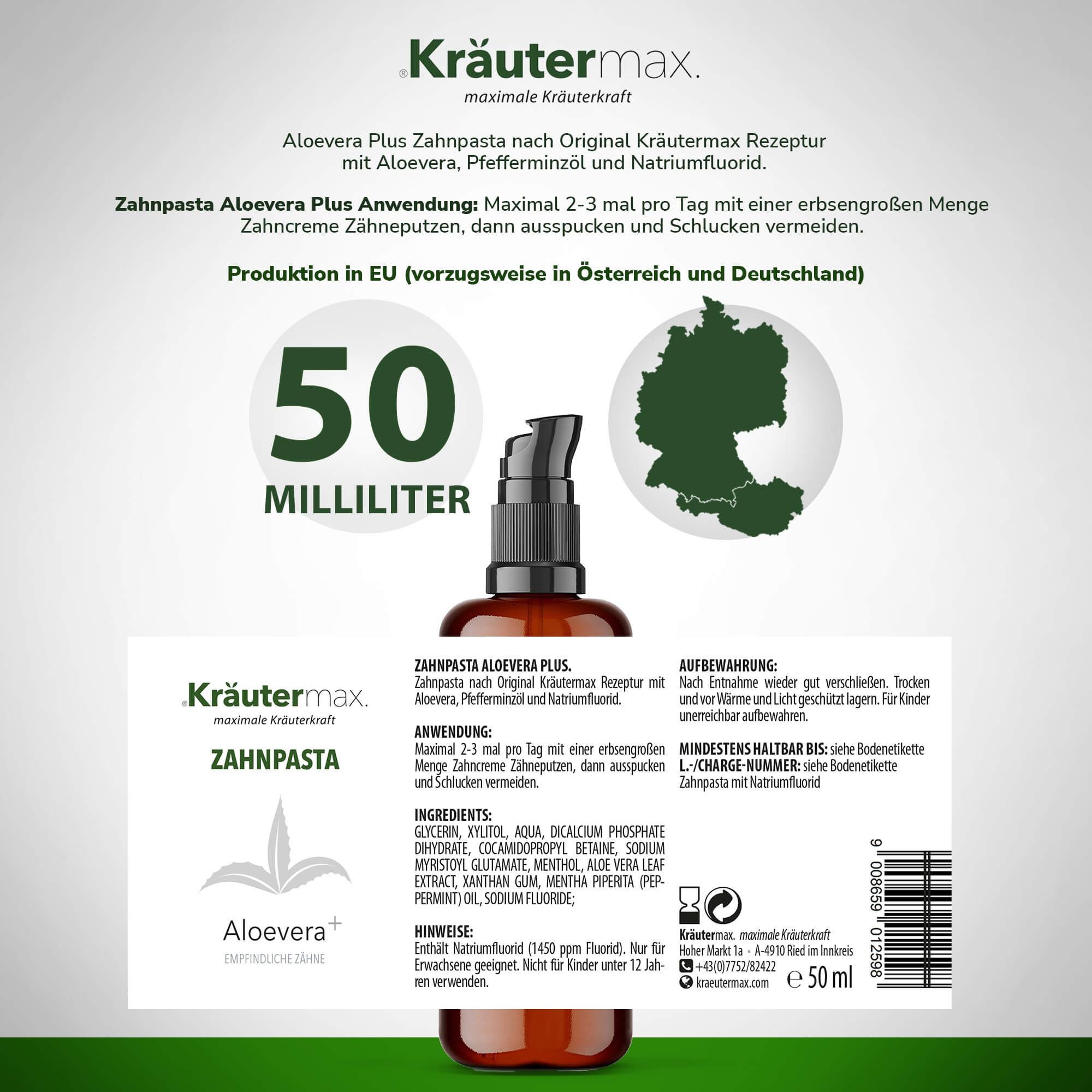 Braune Flasche mit Pumpe. Weißes Etikett mit Produktinformationen. 50 ml. Text: Zahnpasta Aloe vera Plus. Karte von Deutschland.