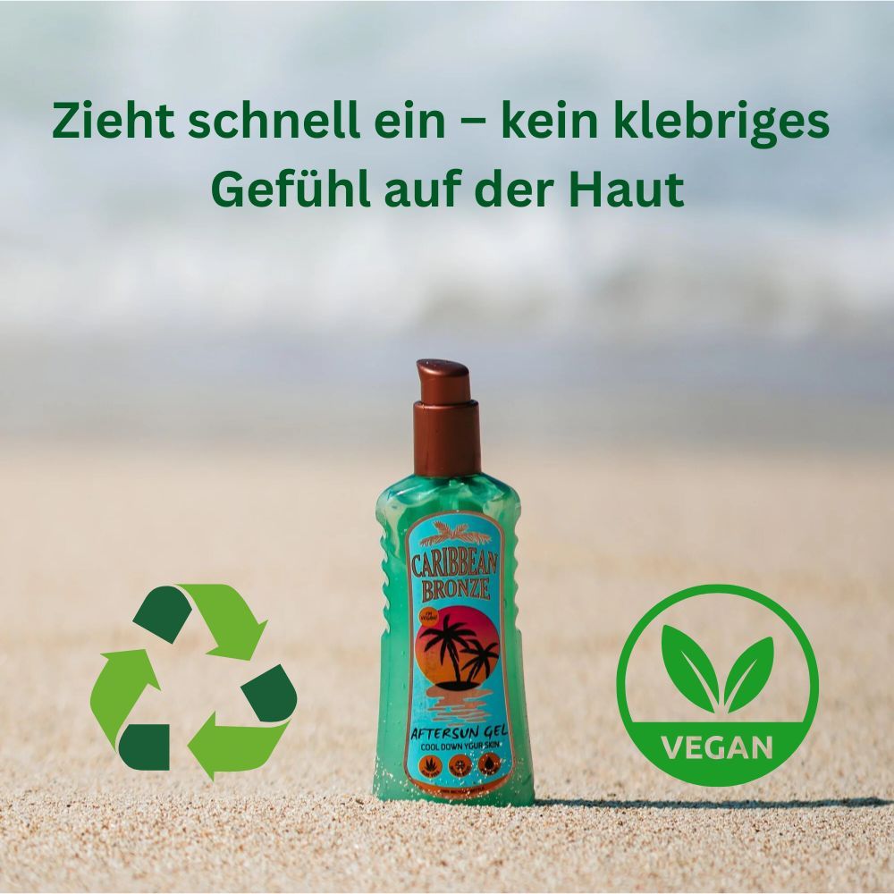 Grüne Flasche mit braunem Pumpkopf. Caribbean Bronze Aftersun Gel. Recycling- und Vegan-Siegel.