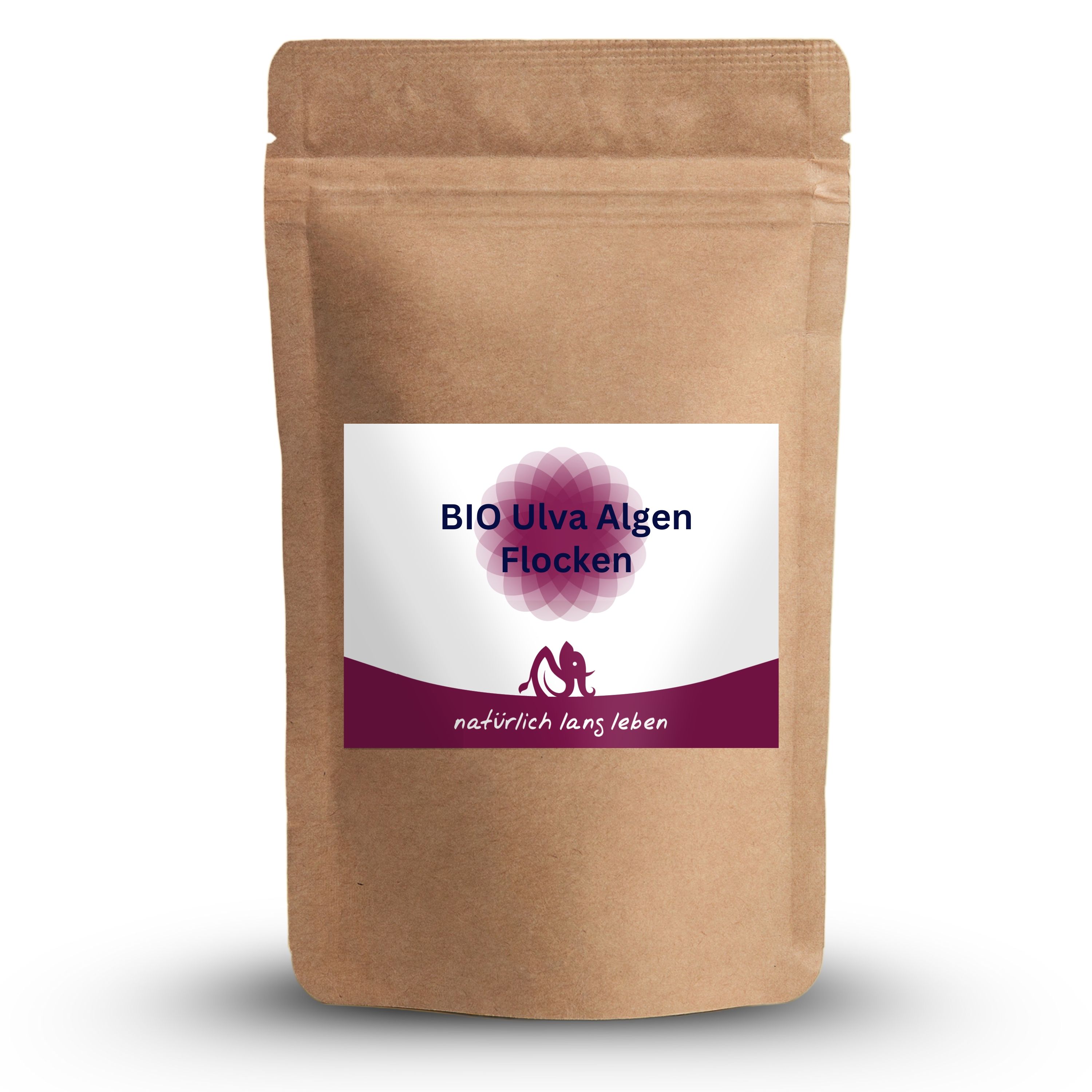 Braune Tüte mit Etikett: BIO Ulva Algen Flocken. Logo: Blüte, Schriftzug. Marke: natürlich lang leben.