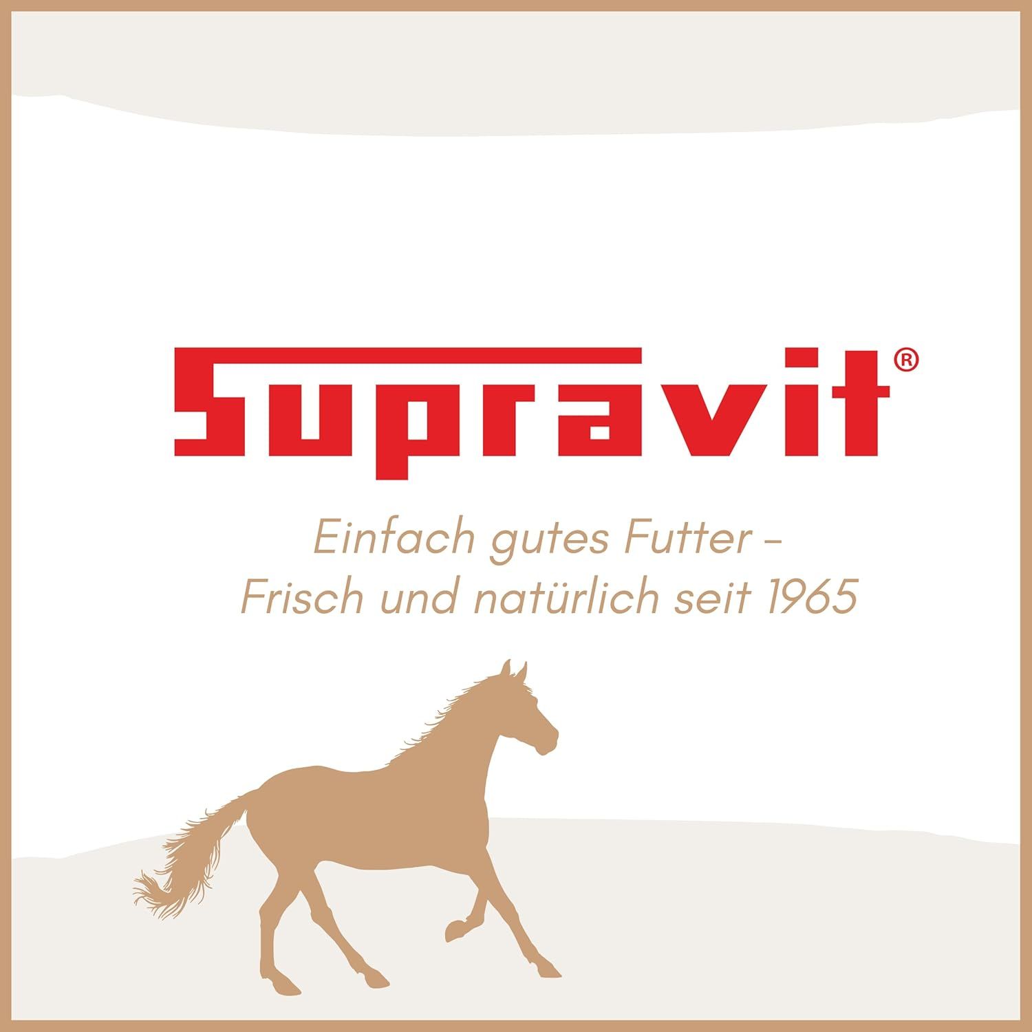 Logo: Supravit. Text: Einfach gutes Futter - Frisch und natürlich seit 1965. Silhouette eines Pferdes.
