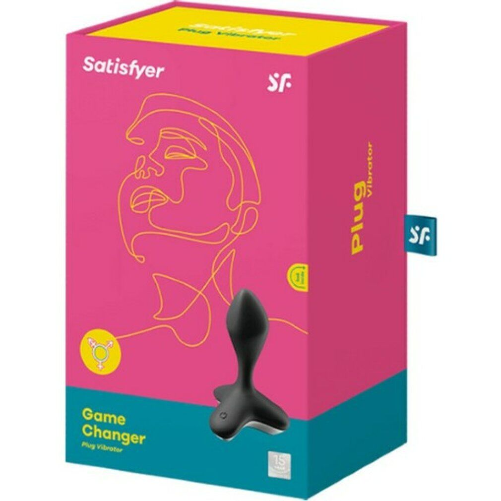 Verpackung von Satisfyer Game Changer Plug Vibrator. Rosa Box mit Produktabbildung und gelben Akzenten. Produktname sichtbar.