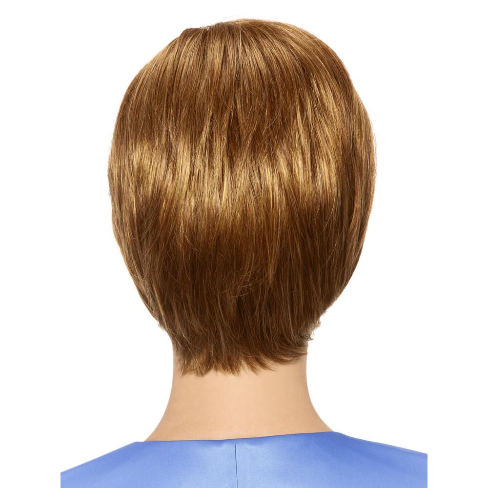 Kurzhaarperücke, goldbraun, mit Pony. Rückansicht.