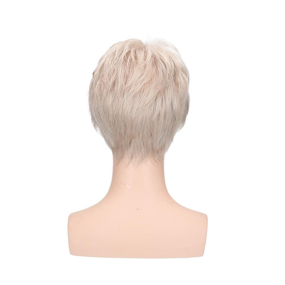 Perücke Lima, hellblond, auf einem Schaufensterkopf. Rückansicht. Kurze, gewellte Haare.